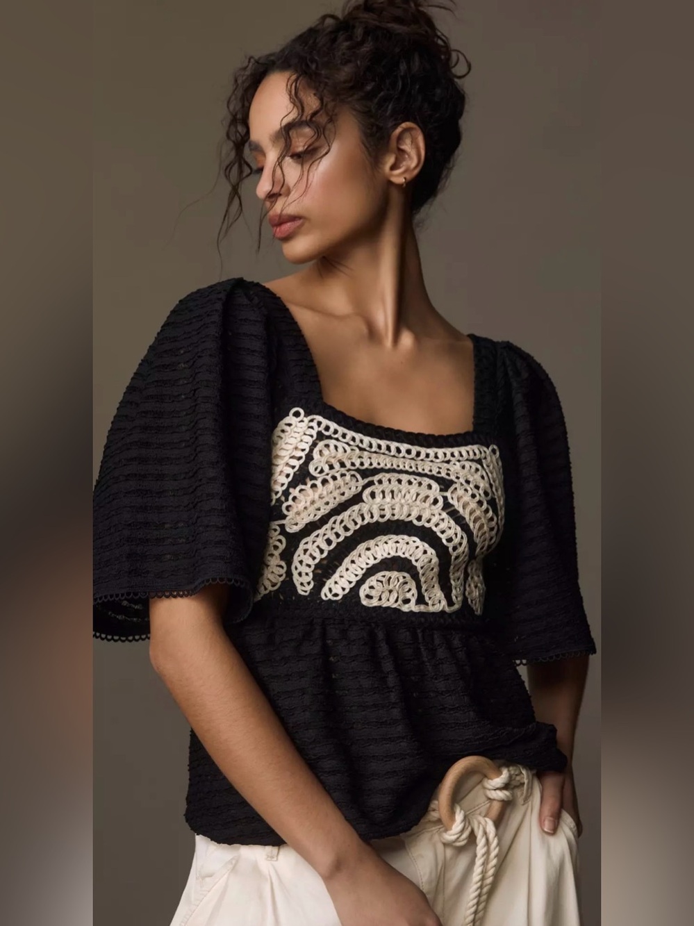 Sarah Hann x Anthropologie Flutter-Sleeve Crochet Top Small